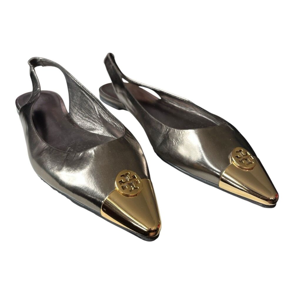 Tory Burch Women's Flats Sling Back Silver Metallic Gold Toe Cap Pointed Size 9